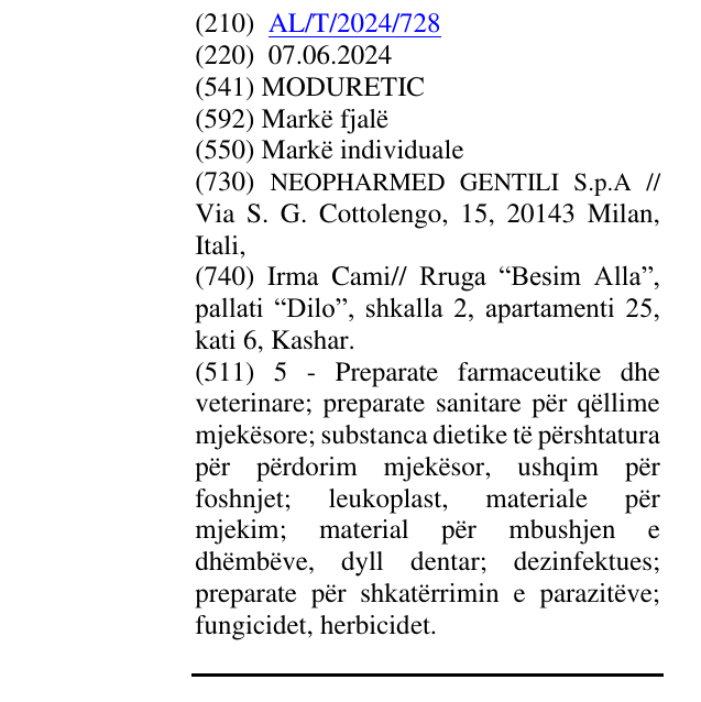 Zëri i markës MODURETIC në buletin
