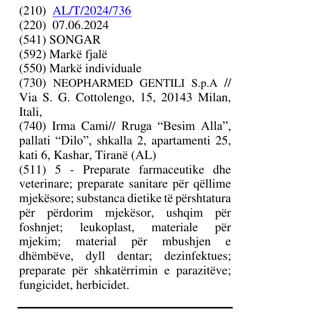Zëri i markës SONGAR në buletin