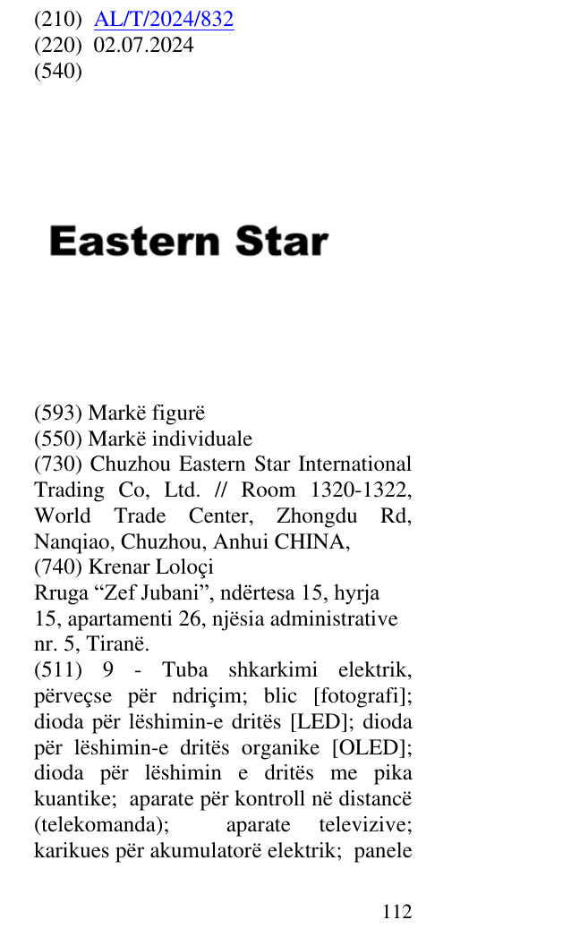Zëri i markës Eastern Star në buletin