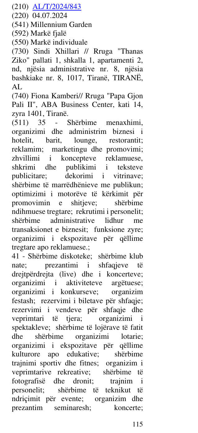 Zëri i markës Millennium Garden në buletin
