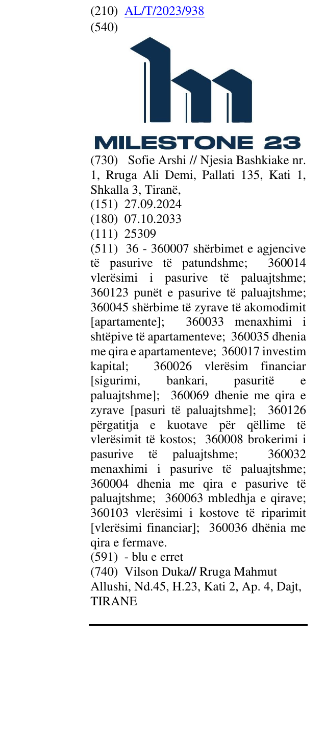 Zëri i markës MILESTONE 23 në buletin