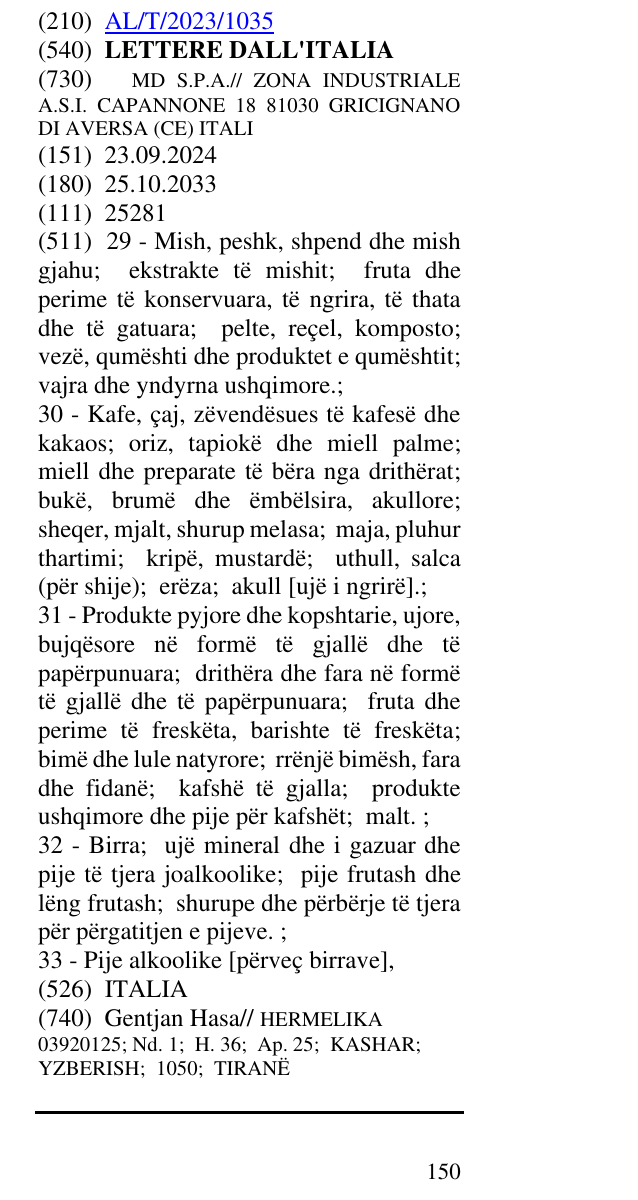 Zëri i markës LETTERE DALL'ITALIA në buletin
