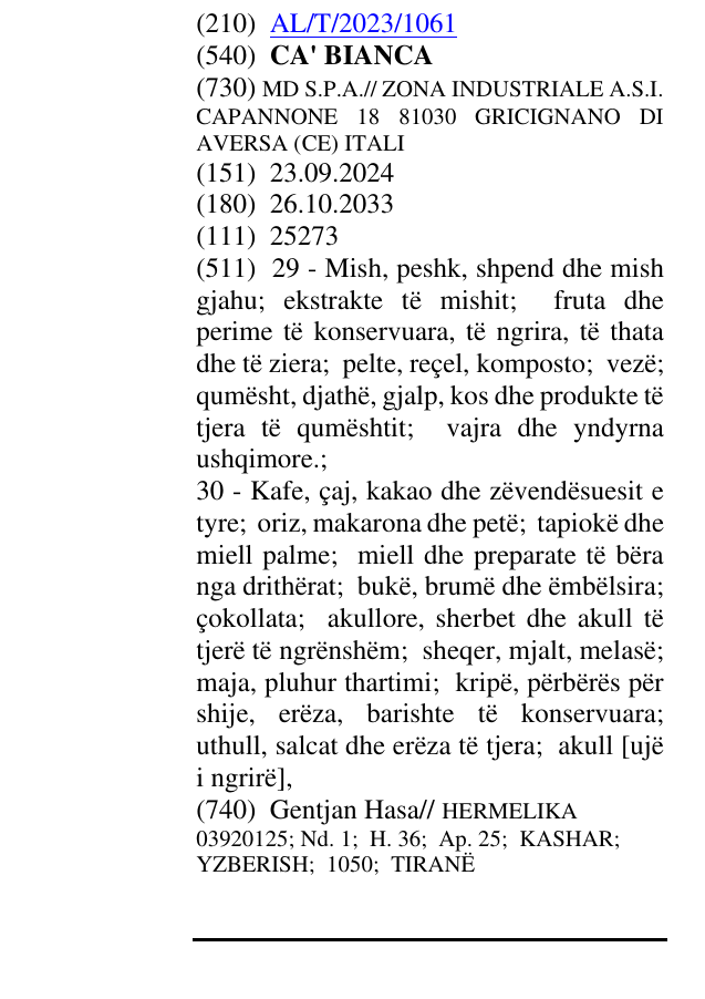 Zëri i markës CA' BIANCA në buletin