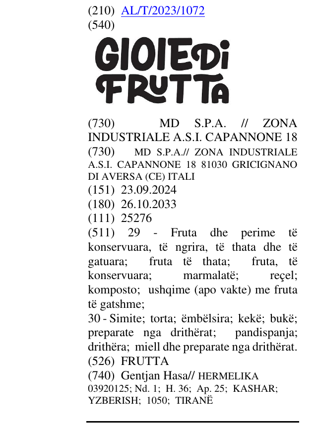 Zëri i markës FRUTTA në buletin