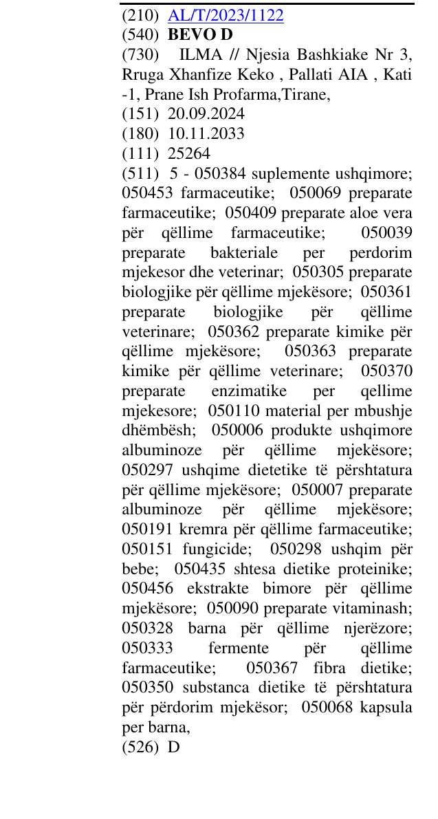 Zëri i markës BEVO D në buletin