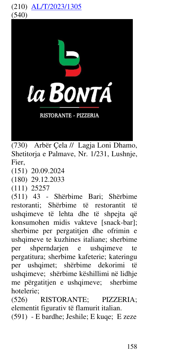 Zëri i markës RISTORANTE; PIZZERIA; elementit figurativ të flamurit italian. në buletin