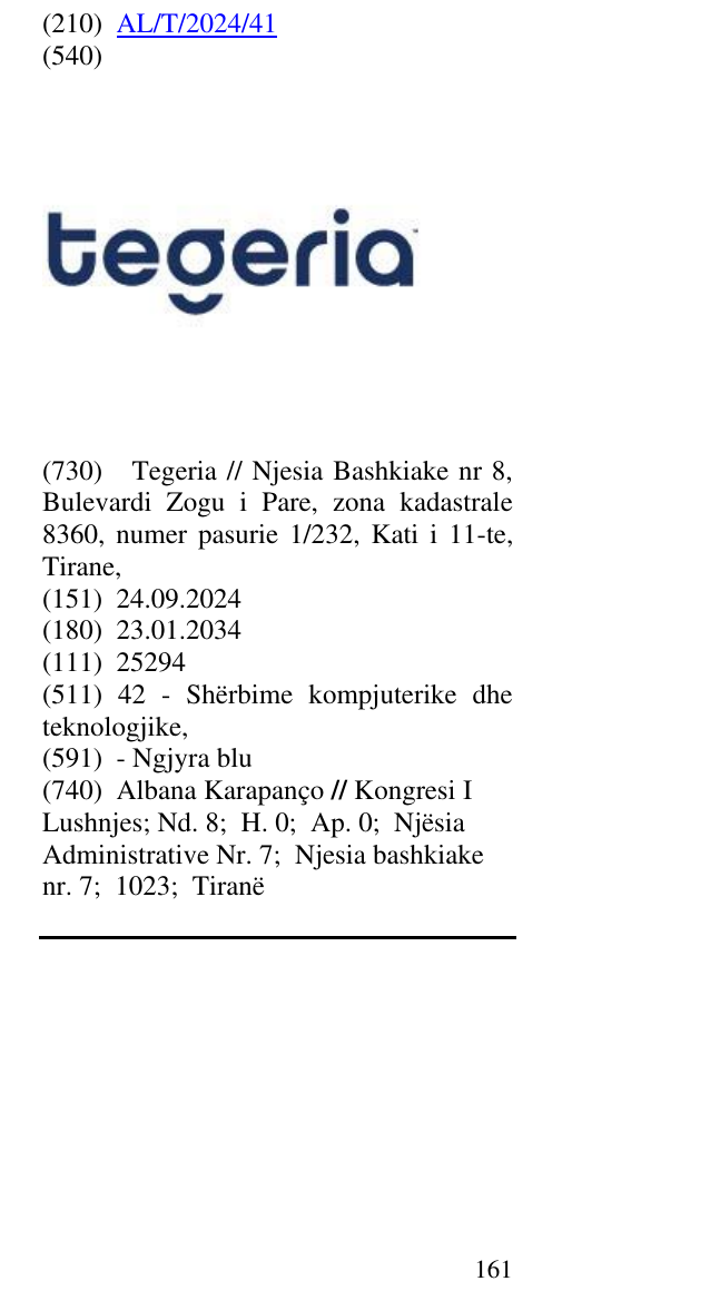 Zëri i markës Tegeria në buletin