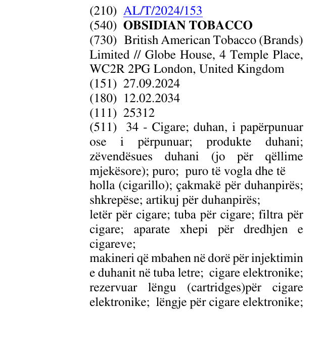 Zëri i markës OBSIDIAN TOBACCO në buletin