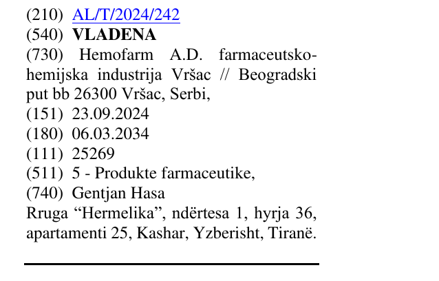 Zëri i markës VLADENA në buletin