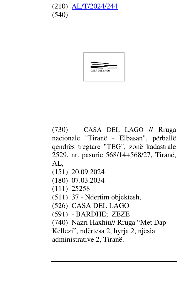 Zëri i markës CASA DEL LAGO në buletin