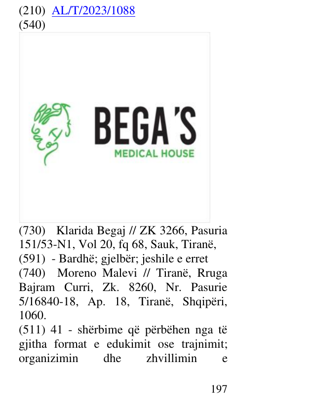 Zëri i markës BEGA'S MEDICAL HOUSE në buletin