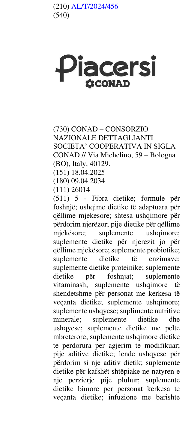 Zëri i markës “Piacersi” “CONAD” në buletin