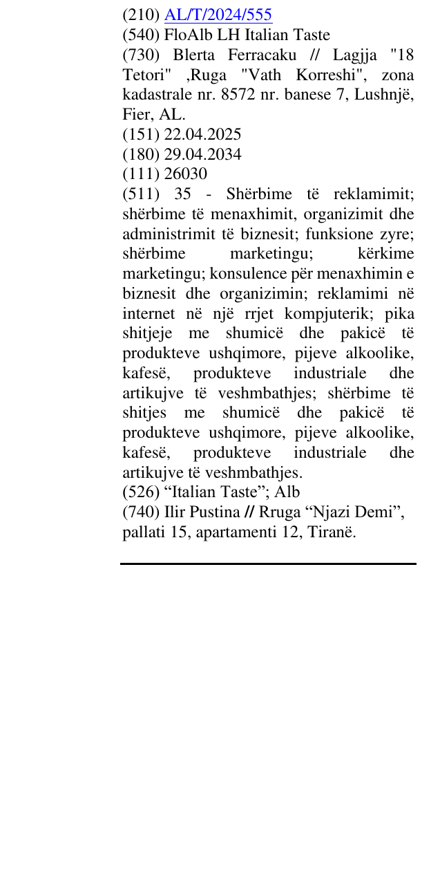 Zëri i markës FloAlb LH Italian Taste në buletin