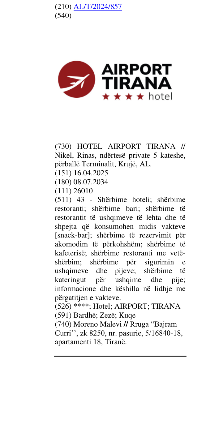 Zëri i markës ****; Hotel; AIRPORT; TIRANA në buletin