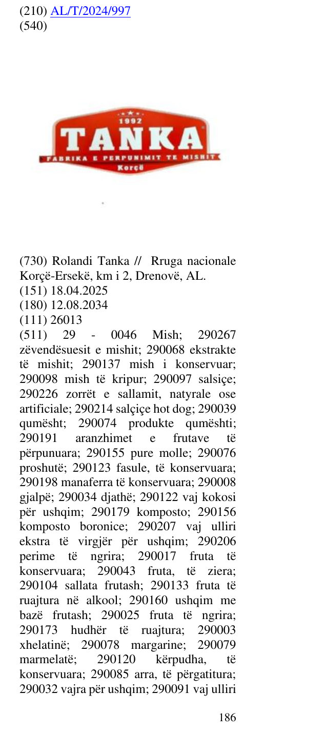 Zëri i markës FABRIKA E PERPUNIMIT TE MISHIT; Korçë ; 1992 në buletin