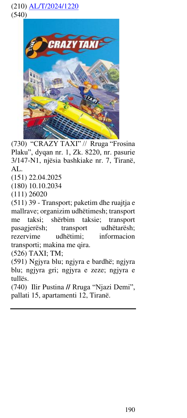 Zëri i markës TAXI; TM; në buletin