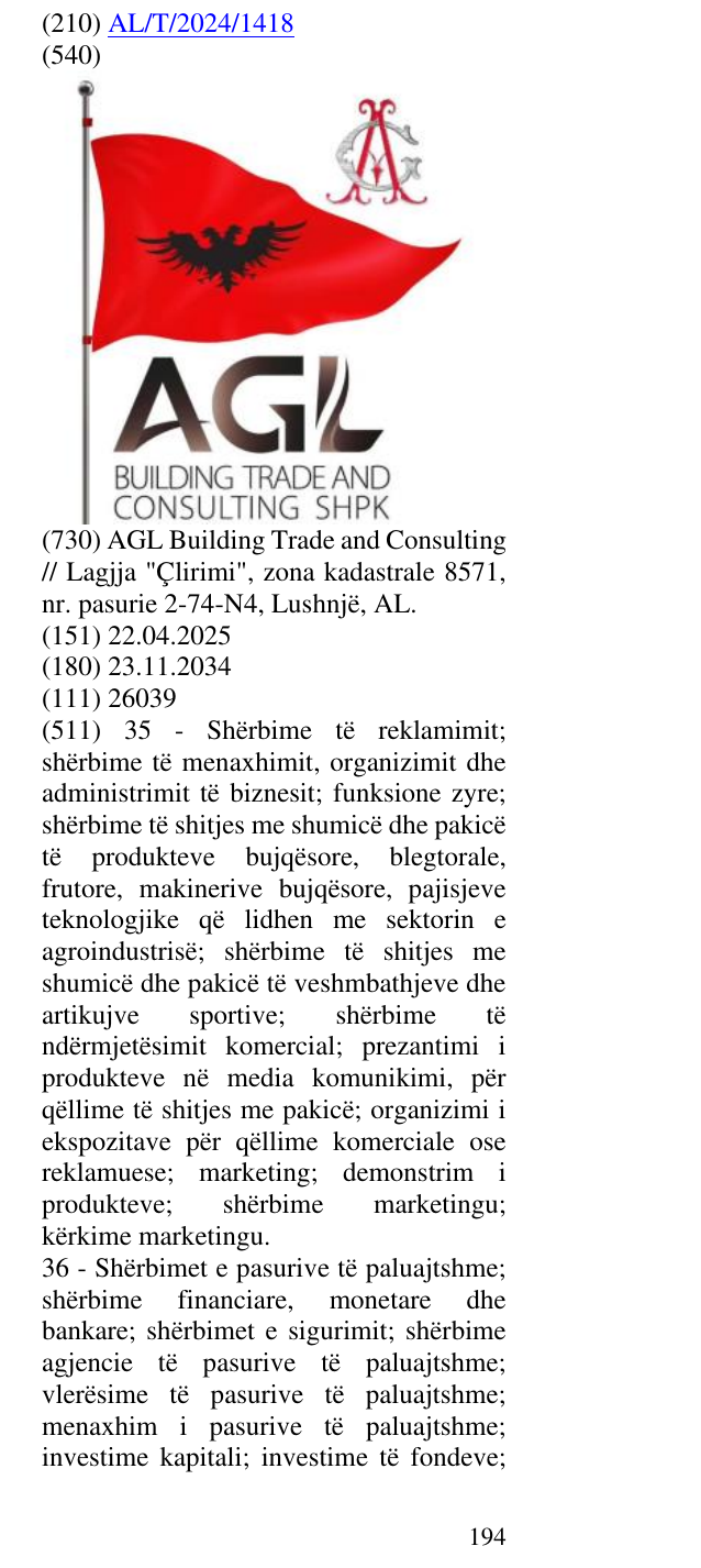 Zëri i markës Building; Trade; and Consulting; shpk; Simboli i flamurit kombëtar, kuq e zi në buletin