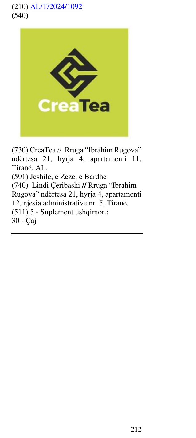 Zëri i markës AL/T/2024/1092 në buletin