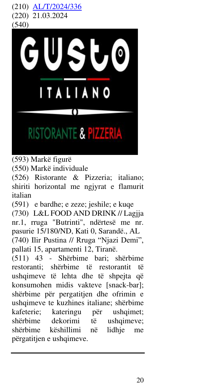 Zëri i markës Ristorante & Pizzeria; italiano; shiriti horizontal me ngjyrat e flamurit italian në buletin