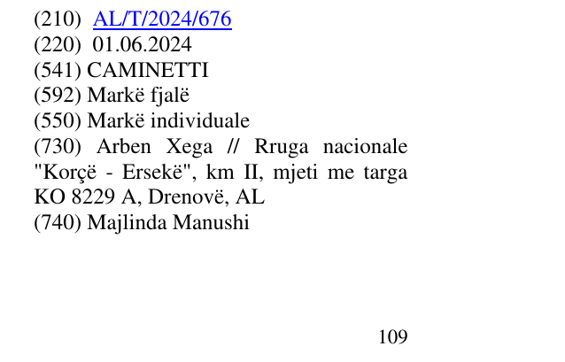 Zëri i markës CAMINETTI në buletin