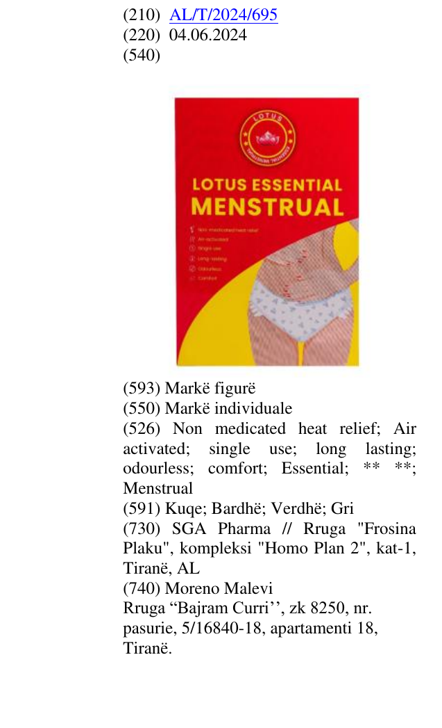 Zëri i markës Non medicated heat relief; Air activated; single use; long lasting; odourless; comfort; Essential; ** **; Menstrual në buletin
