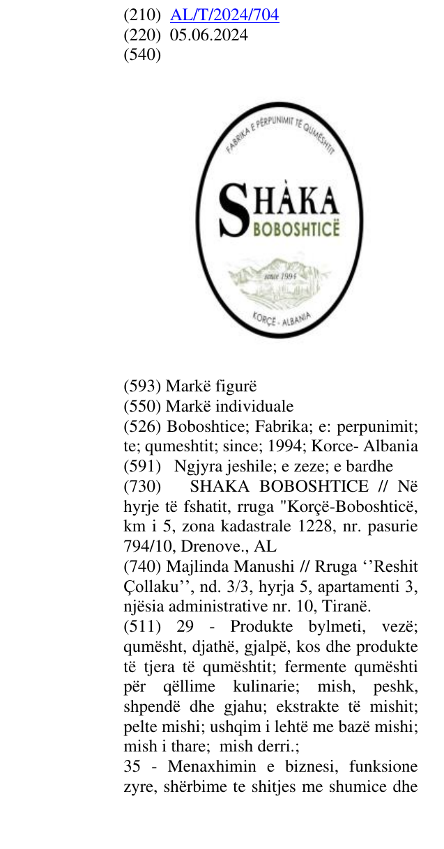 Zëri i markës Boboshtice; Fabrika; e: perpunimit; te; qumeshtit; since; 1994; Korce- Albania në buletin