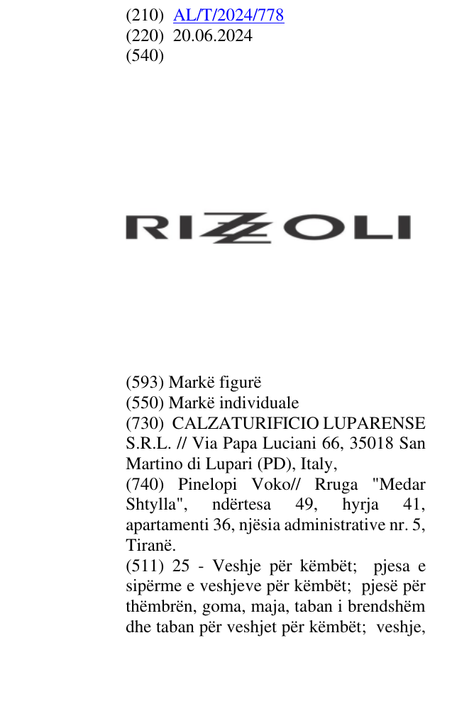 Zëri i markës RIZZOLI në buletin