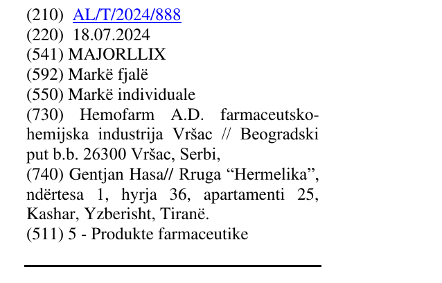Zëri i markës MAJORLLIX në buletin