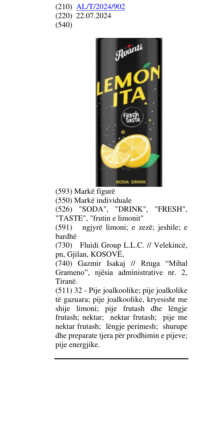 Zëri i markës "SODA", "DRINK", "FRESH", "TASTE", "frutin e limonit" në buletin