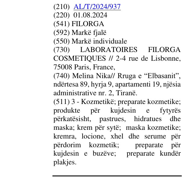Zëri i markës FILORGA në buletin