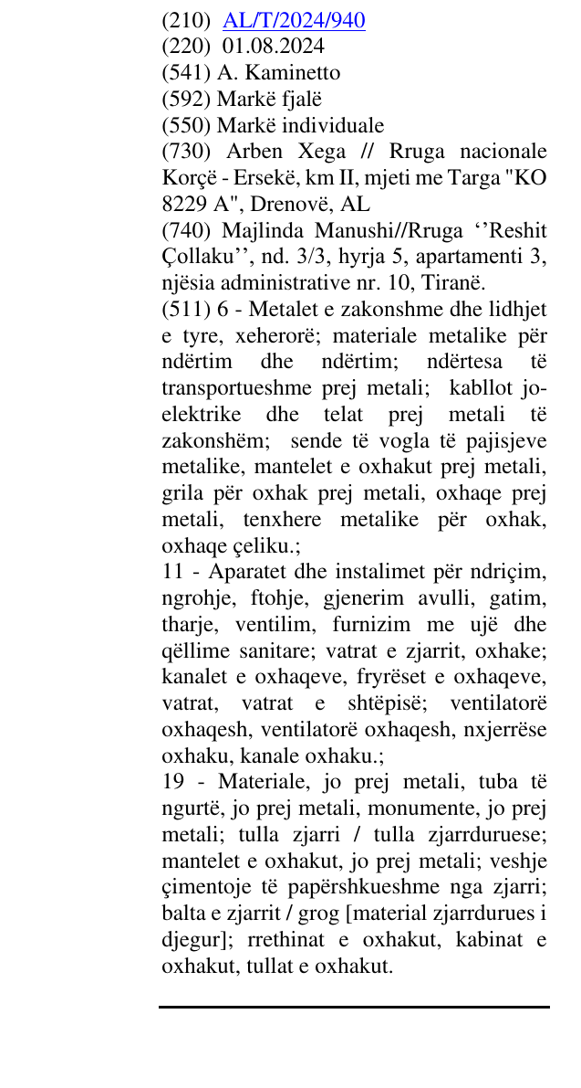 Zëri i markës A. Kaminetto në buletin