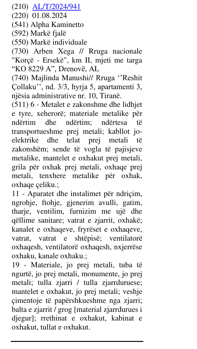 Zëri i markës Alpha Kaminetto në buletin