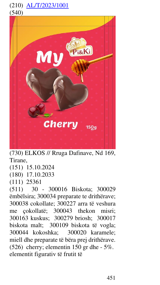 Zëri i markës cherry; elementin 150 gr dhe - 5%. elementit figurativ të frutit të 452 qershisë, mjaltit dhe ëmbëlsirës prej çokollate në buletin