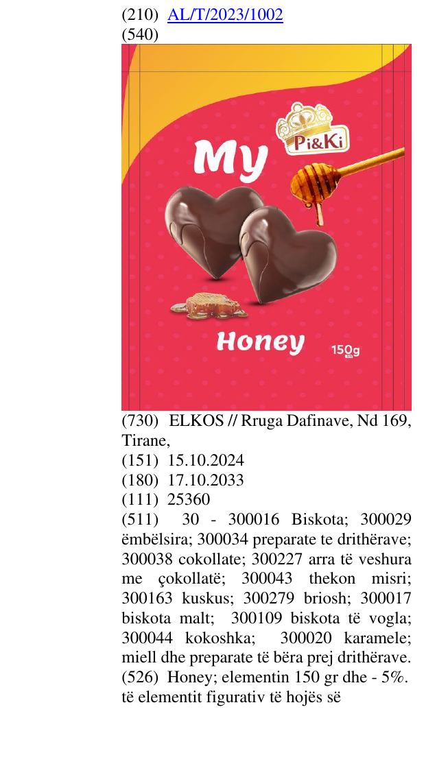 Zëri i markës Honey; elementin 150 gr dhe - 5%. të elementit figurativ të hojës së mjaltit, mjaltit dhe ëmbëlsirës prej çokollate” në buletin