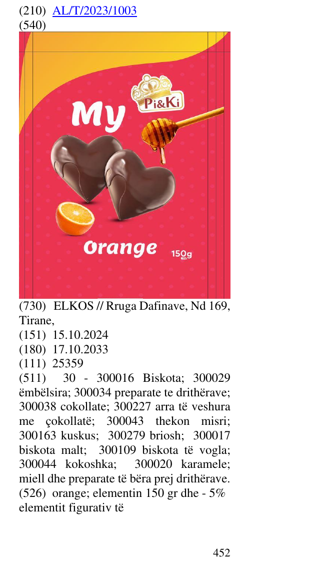 Zëri i markës orange; elementin 150 gr dhe - 5% elementit figurativ të 453 portokallit, mjaltit dhe ëmbëlsirës prej çokollate në buletin