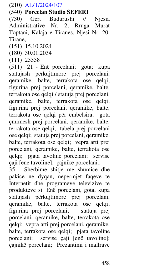 Zëri i markës Porcelan Studio SEFERI në buletin