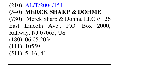 Zëri i markës MERCK SHARP & DOHME në buletin