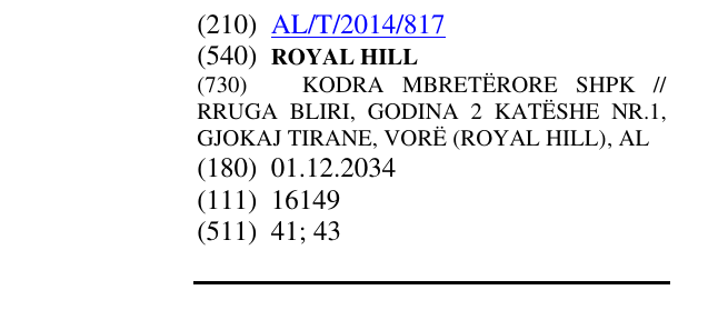 Zëri i markës ROYAL HILL në buletin