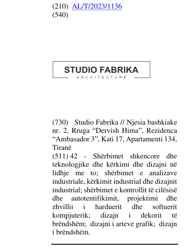 Zëri i markës STUDIO FABRIKA ARCHITECTURE në buletin