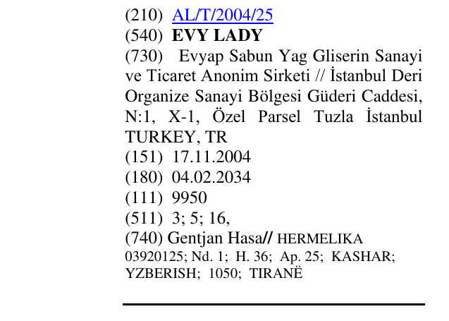 Zëri i markës EVY LADY në buletin