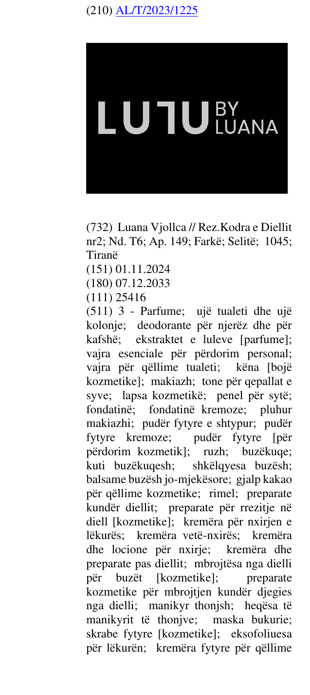 Zëri i markës LU7U BY LUANA në buletin