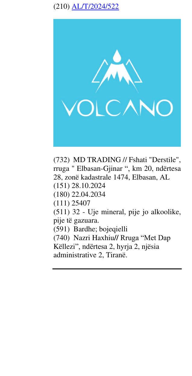 Zëri i markës VOLCANO në buletin