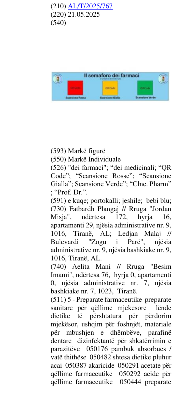 Zëri i markës "dei farmaci"; “dei medicinali; “QR Code”; “Scansione Rosse”; “Scansione Gialla”; Scansione Verde”; “Clnc. Pharm” ; “Prof. Dr.”. në buletin