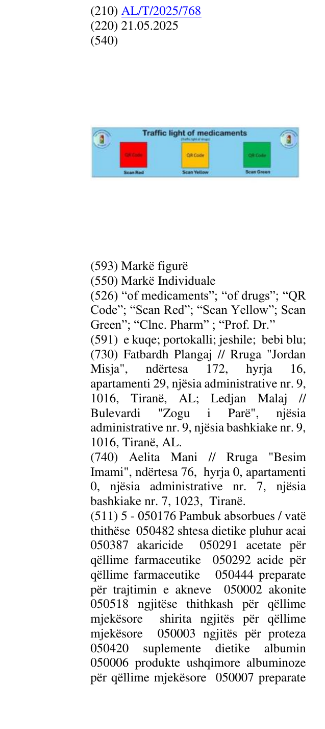 Zëri i markës “of medicaments”; “of drugs”; “QR Code”; “Scan Red”; “Scan Yellow”; Scan Green”; “Clnc. Pharm” ; “Prof. Dr.” në buletin