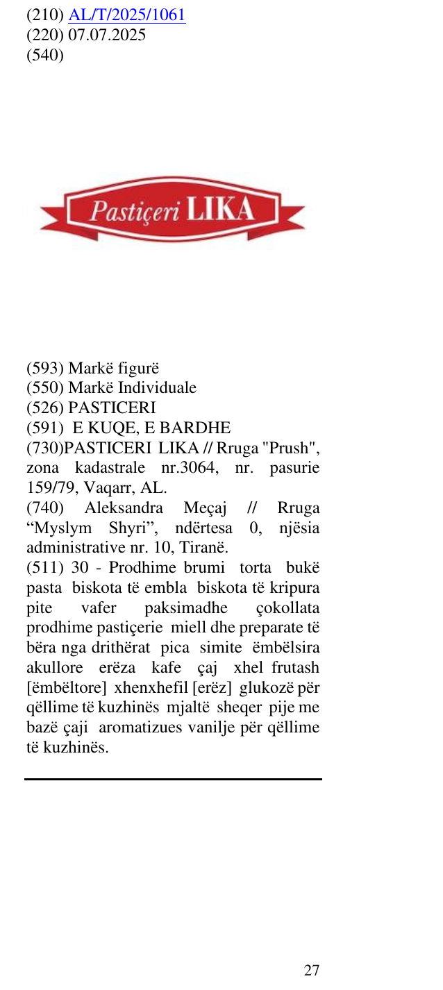 Zëri i markës PASTICERI në buletin