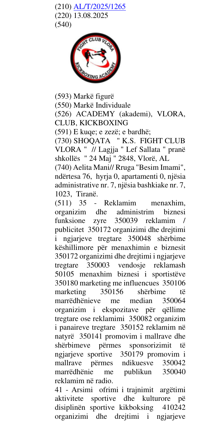 Zëri i markës ACADEMY (akademi), VLORA, CLUB, KICKBOXING në buletin