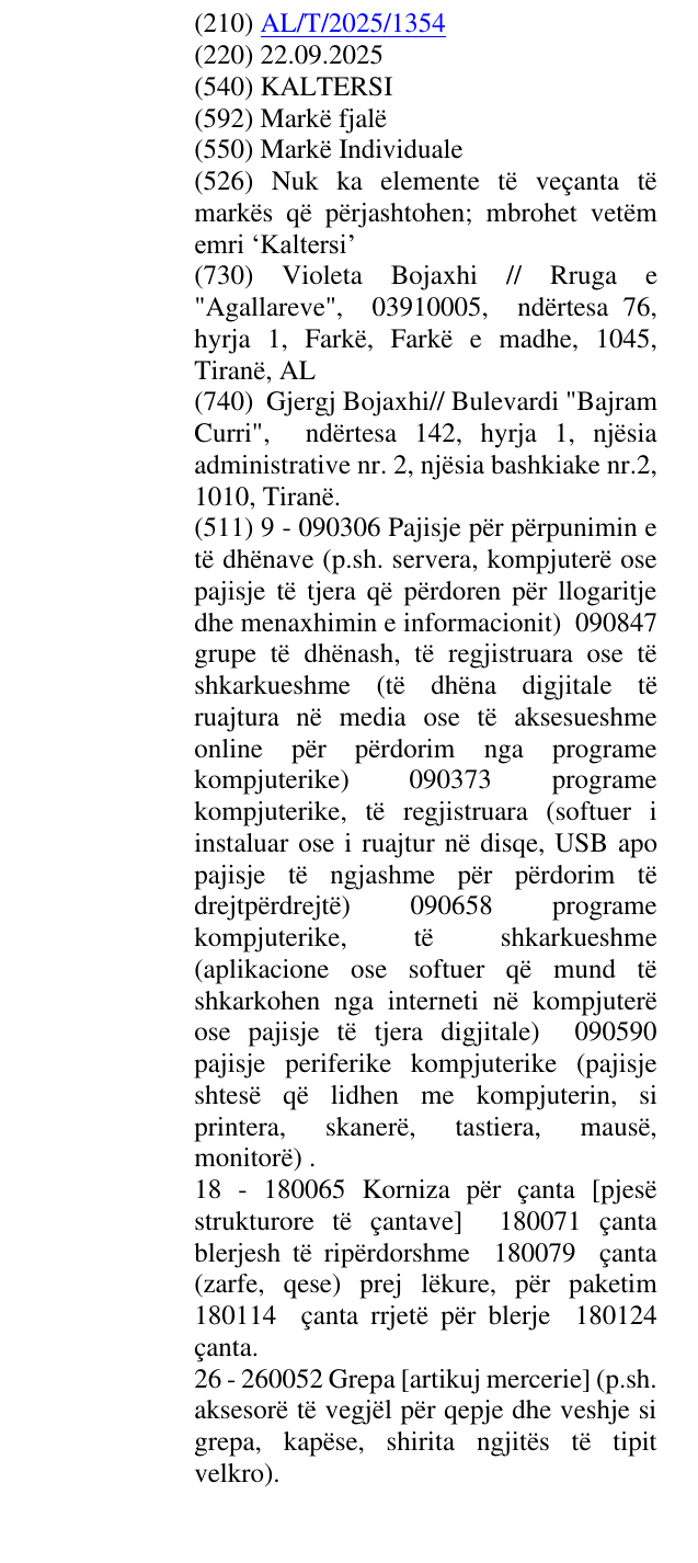 Zëri i markës KALTERSI në buletin