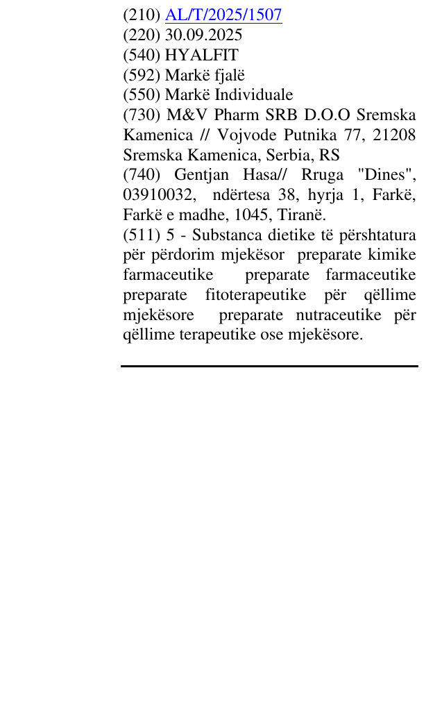 Zëri i markës HYALFIT në buletin