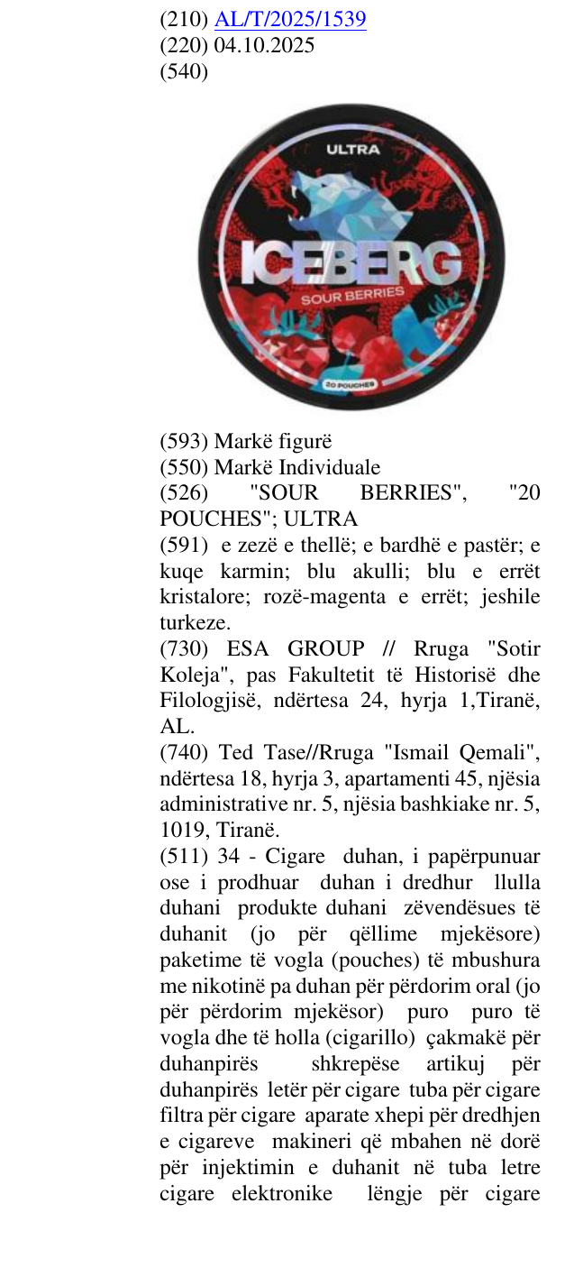 Zëri i markës "SOUR BERRIES", "20 POUCHES"; ULTRA në buletin
