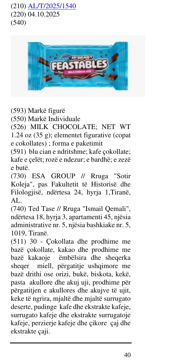 Zëri i markës MILK CHOCOLATE; NET WT 1.24 oz (35 g); elementet figurative (copat e cokollates) ; forma e paketimit në buletin